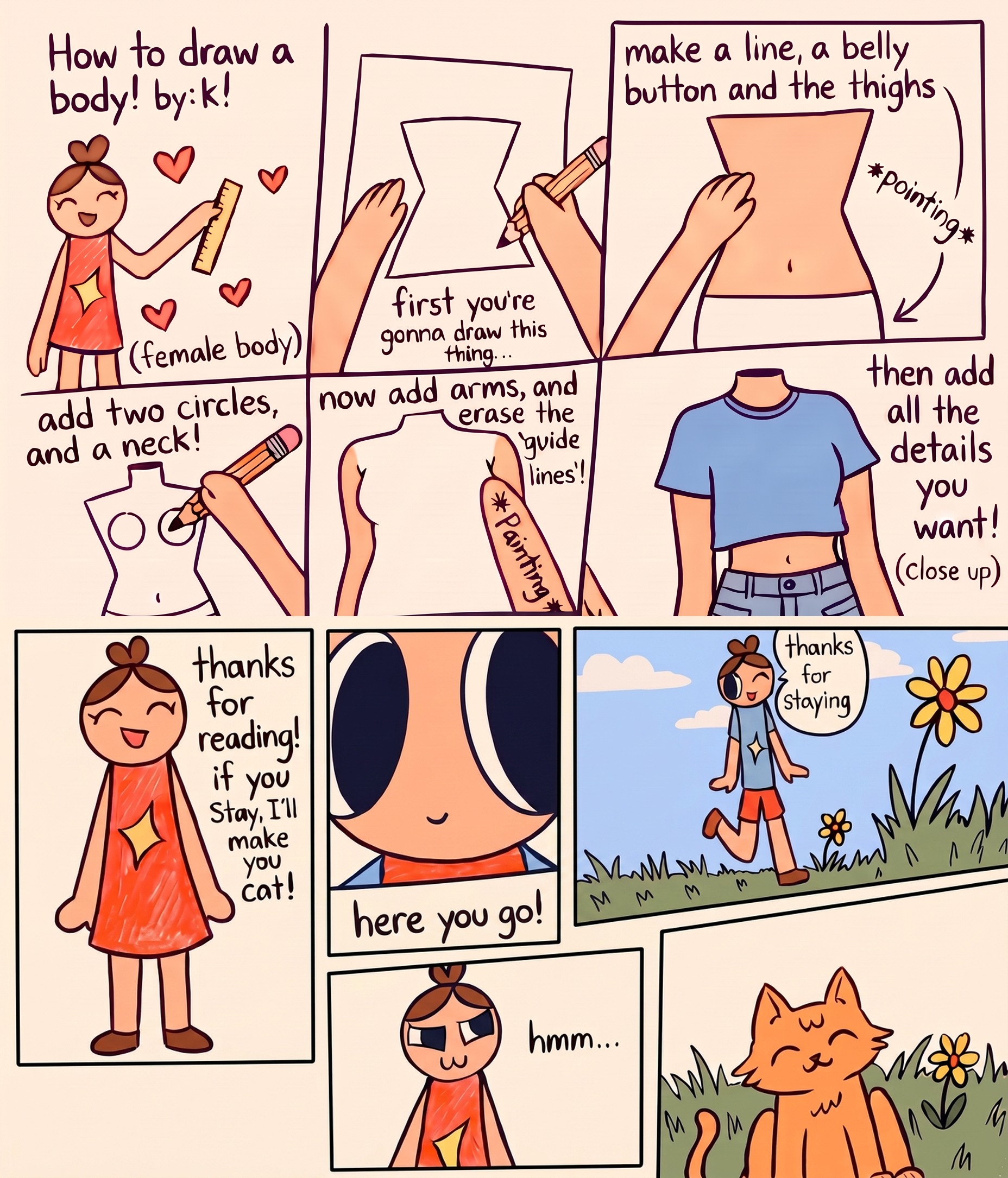 Hand-drawn 12-panel pencil comic: a step-by-step tutorial on how to draw a body, ending with a cat